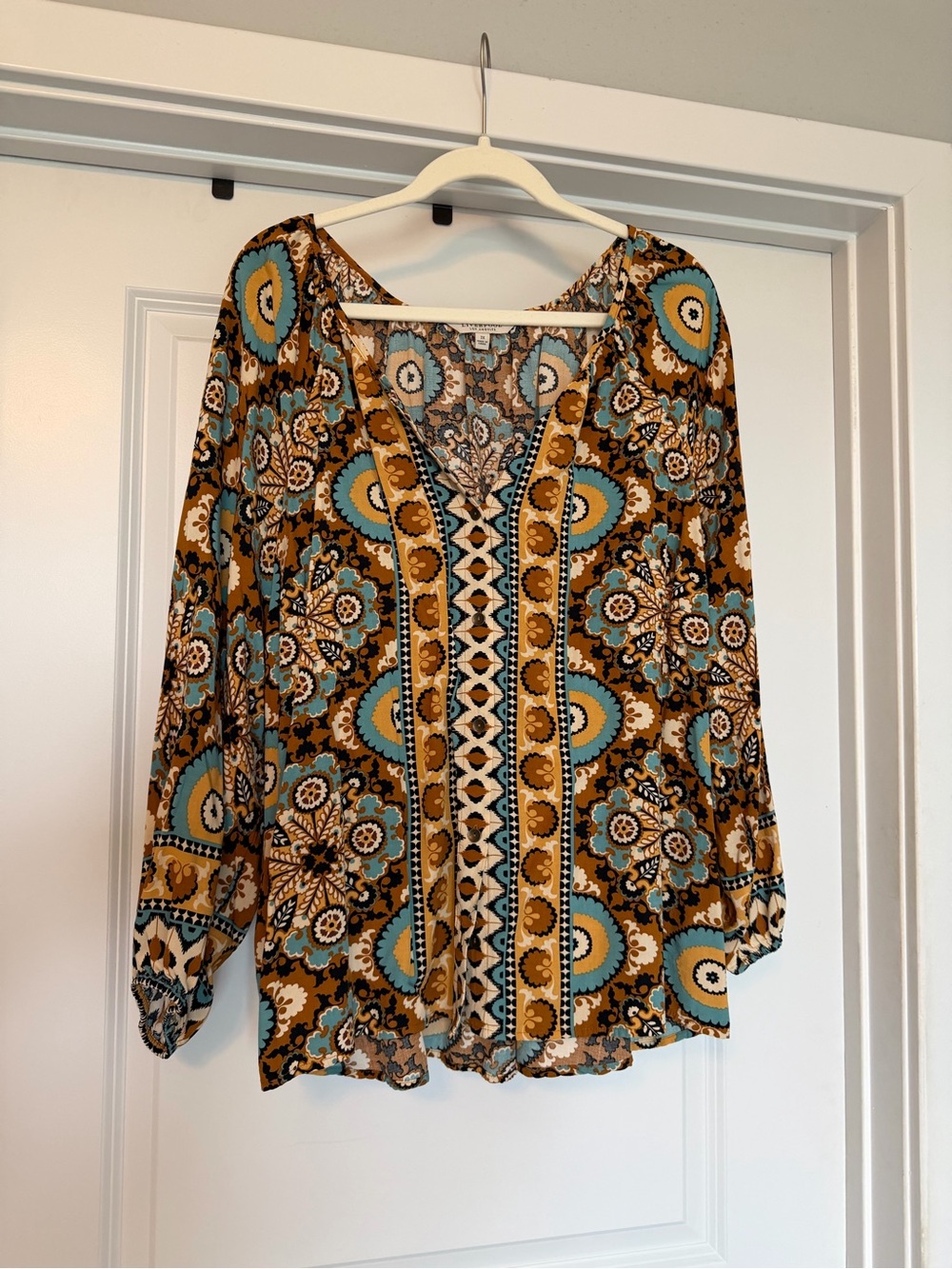 Liverpool Los Angeles 2X Boho Floral Button Front Blouse Brown Turquoise